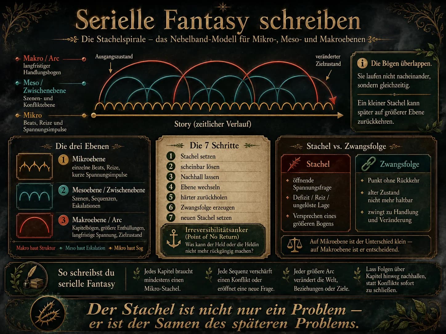 Infografik: Serielle Fantasy schreiben mit der Stachelspirale, dem Nebelband-Modell für Mikro-, Meso- und Makroebenen.